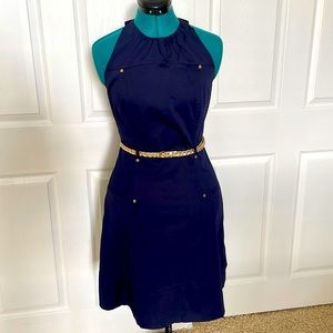 Calvin Klein Navy Blue Halter Dress with a Braided Gold Belt, Size 8